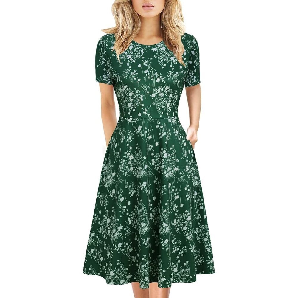 Women's Green Floral Elegant Knee Length Vintage A-Line Swing Dress with Pockets